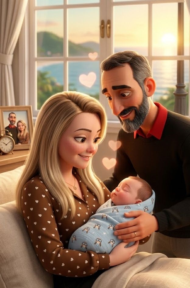 O casal com um bebê recém-nascido no colo