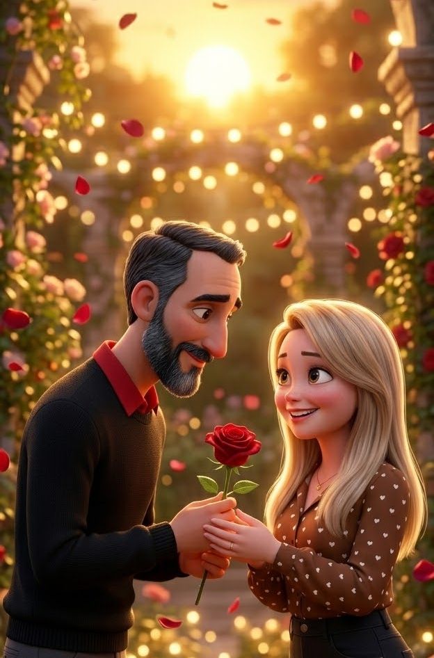 Ele entregando uma rosa vermelha para ela ao pôr do sol